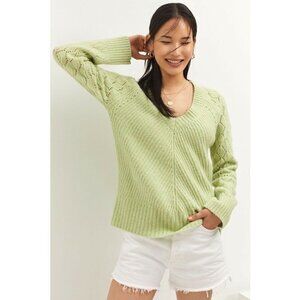 By Anthropologie Green Long Sleeve Pointelle V-Neck Pullover Sweater